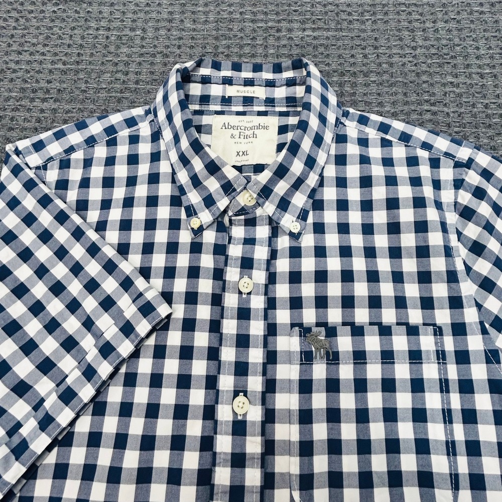 Abercrombie Fitch Muscle Fit Shirt Mens XXL Navy Blue White Gingham Check Plaid